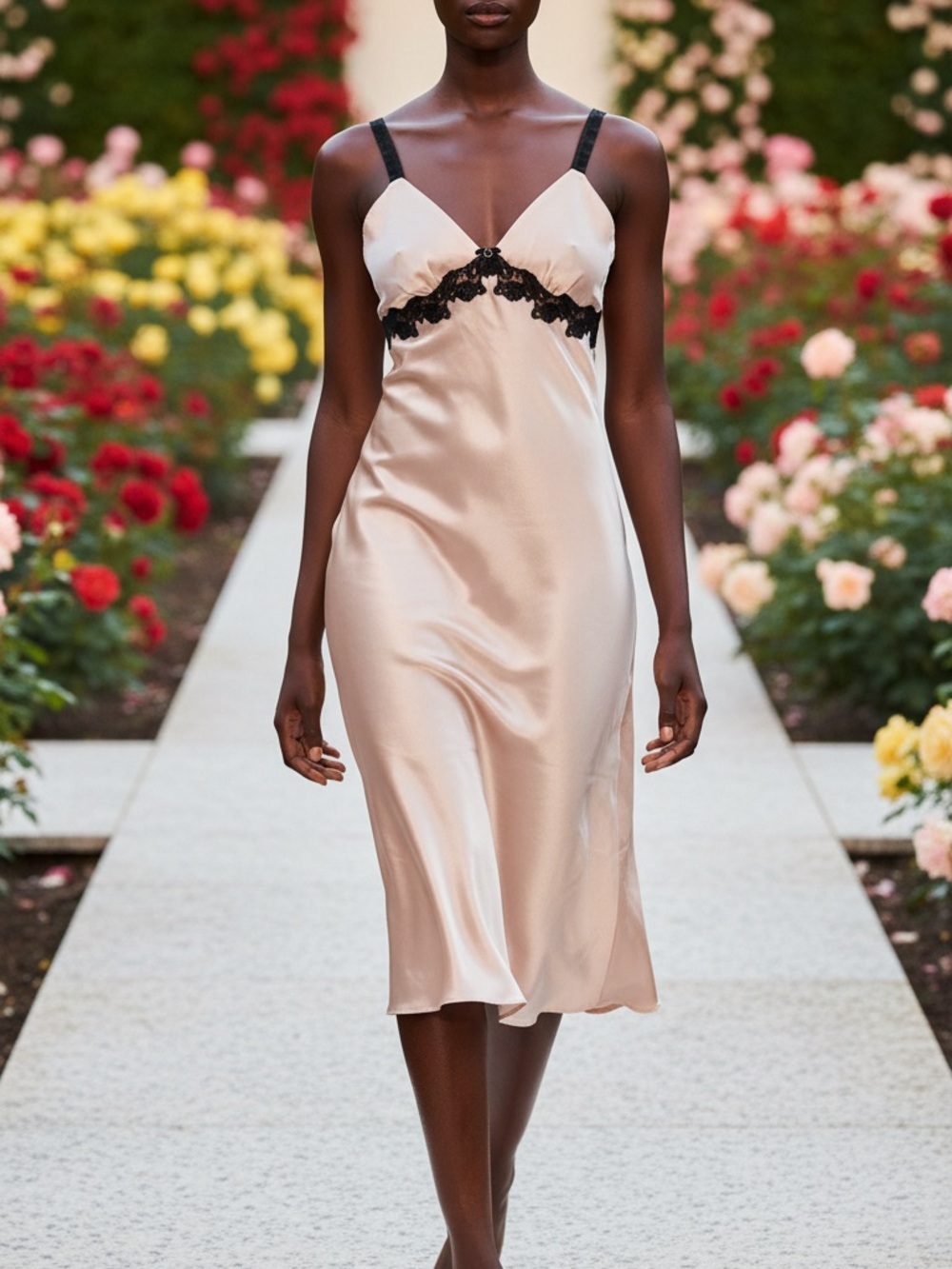 Jones New York Blush Satin Chemise with Black Lace Trim